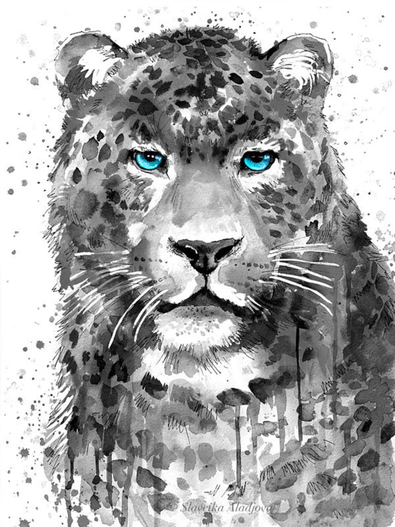 Wildlife wall art illustration animal Black and white Panther Leopard Jaguar watercolor painting print by Slaveika Aladjova home decor