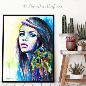 Peacock Girl watercolor painting print by Slaveika Aladjova, Fashion Illustration, Woman art, Illustration, watercolour, wall art,home decor image 6