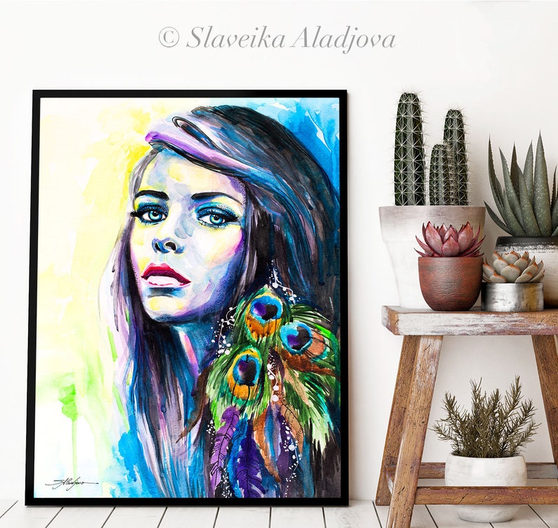 Peacock Girl watercolor painting print by Slaveika Aladjova, Fashion Illustration, Woman art, Illustration, watercolour, wall art,home decor image 6