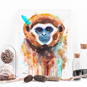 Lar Gibbon Aquarell Druck von Slaveika Aladjova, Kunst, Tier, Illustration, Wohnkultur, Kinderzimmer, Wildtiere, Affe, Primate, Geschenk