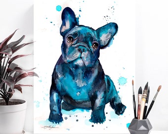 Black French Bulldog Baby watercolor painting print by Slaveika Aladjova, art, animal, illustration, home decor, gift, Contemporary, dog art