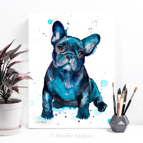 Zwarte Franse Bulldog Baby Limited Edition aquarel Art Print door Slaveika Aladjova, dier, illustratie, interieur, hedendaags, hondenkunst