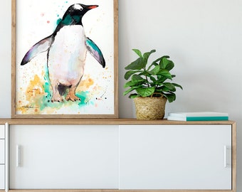 水彩画 ペンギン アート つよいペンギン】お部屋でアートシリーズ36 手描き／アート