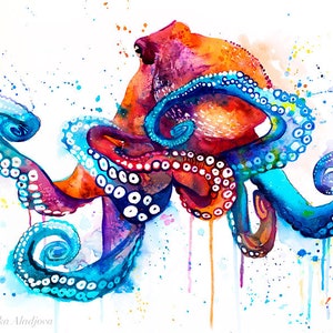 Octopus watercolor painting print by Slaveika Aladjova, art, animal, illustration, Sea art, sea life art, home decor, extra large print image 2