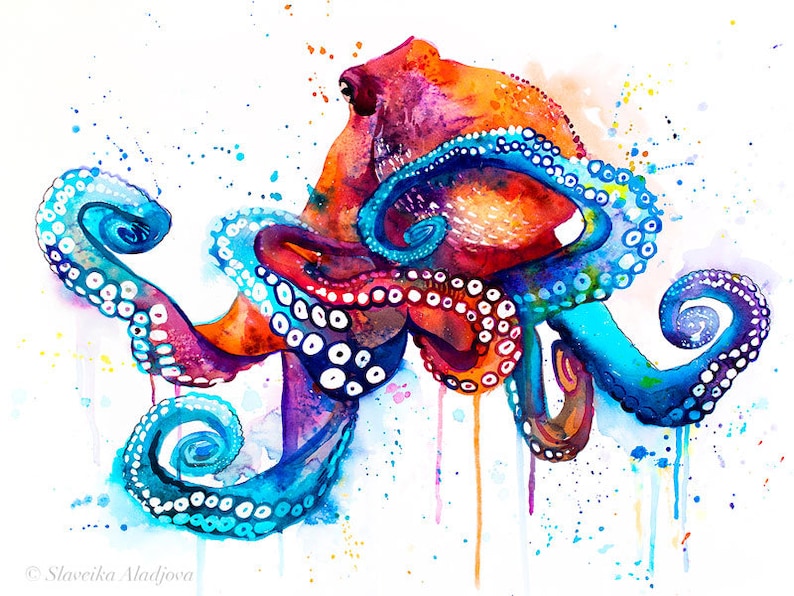 Octopus watercolor painting print by Slaveika Aladjova, art, animal, illustration, Sea art, sea life art, home decor, extra large print image 2