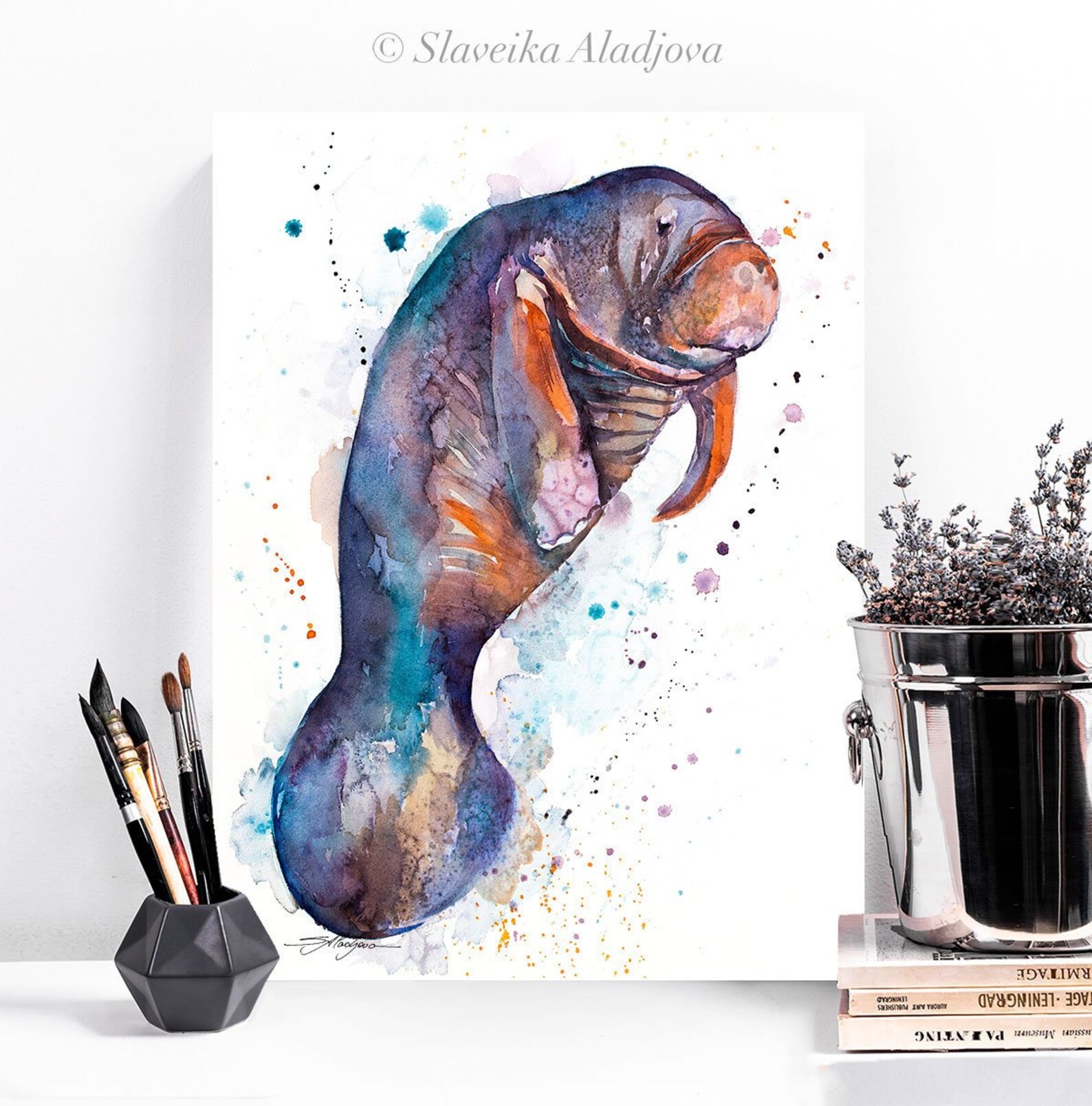 Manatee watercolor painting print by Slaveika Aladjova art | Etsy