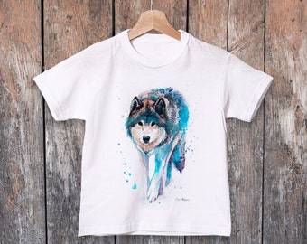 Wolf watercolor kids T-shirt, Boys' Clothing, Girls' Clothing, ring spun Cotton 100%, watercolor print T-shirt, T shirt art