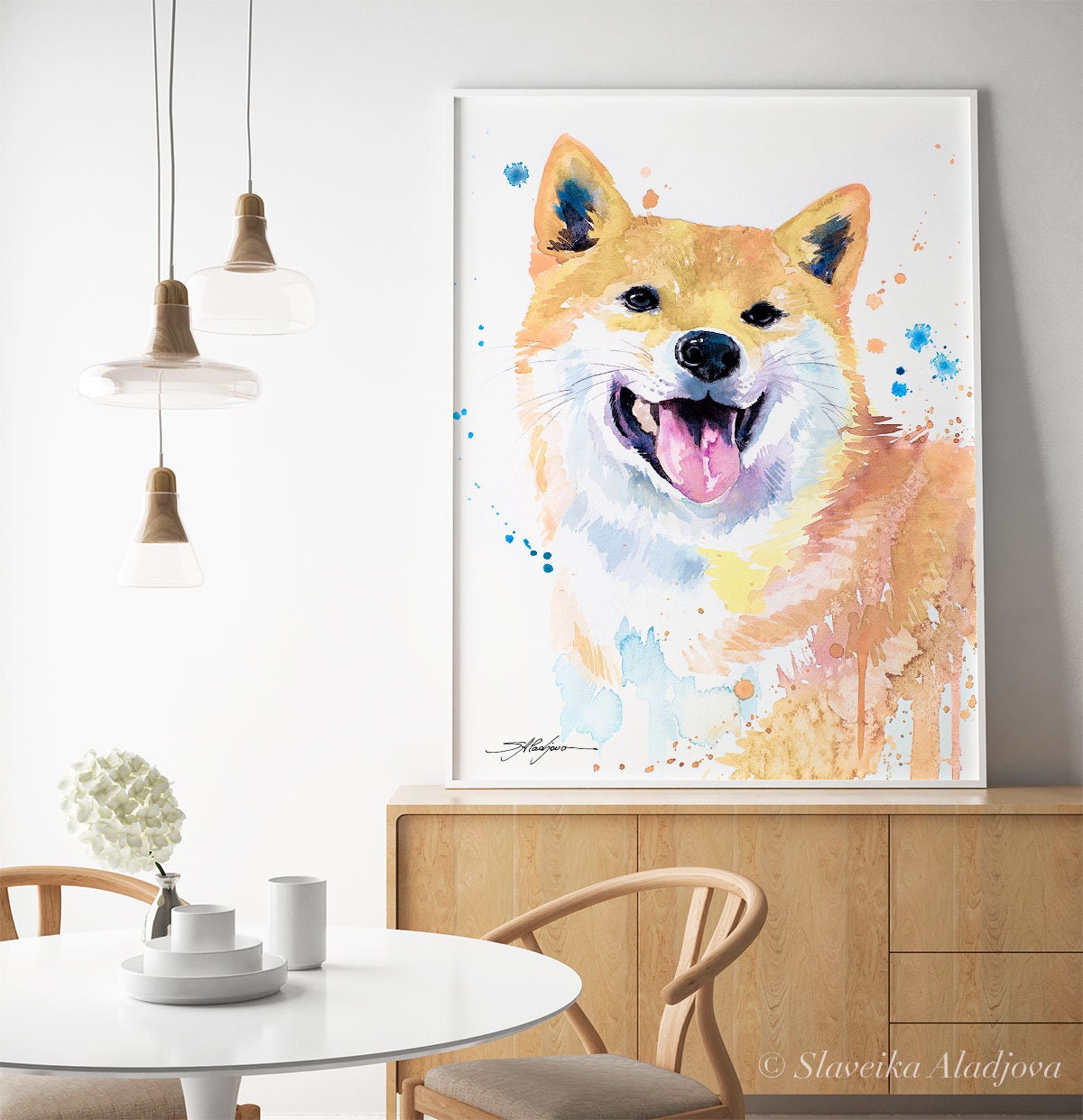 クリーム柴犬限定版水彩画アートプリントSlaveika Aladjova、動物