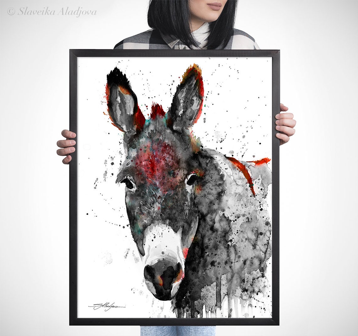 Black and White Donkey Watercolor Painting Print by Slaveika Aladjova ...