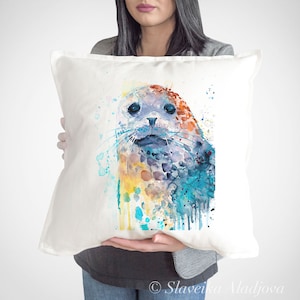 Funda de almohada de acuarela de foca de puerto by Slaveika Aladjova, funda de cojín, Funda de almohada decorativa, Almohada de acuarela, regalo de Navidad