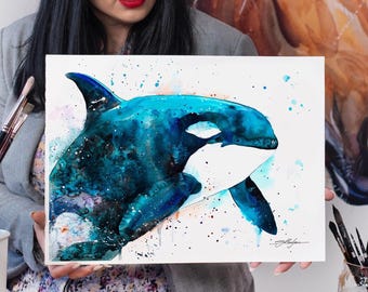 スラベイカ・アラジョヴァ作「シャチ」限定版水彩画アートプリント
