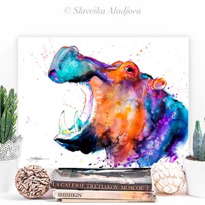 Hippo watercolor painting print by Slaveika Aladjova, art, animal, illustration, home decor, Nursery, African, Wildlife, wall art image 5