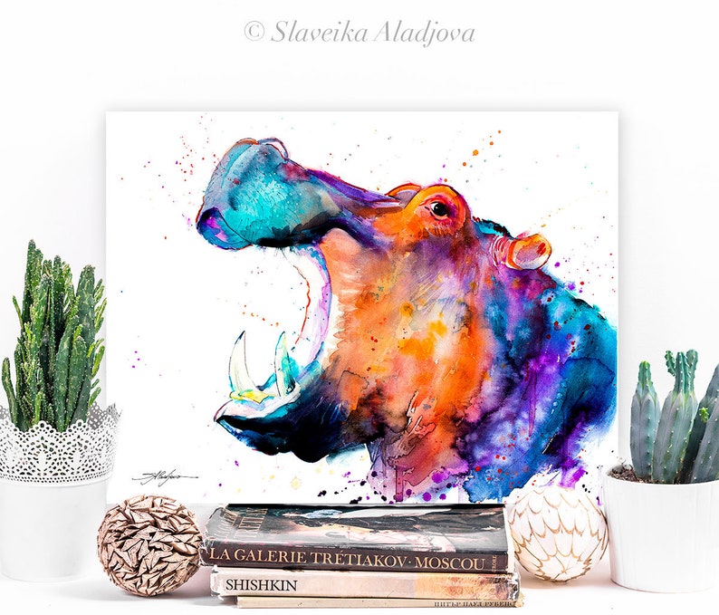 Hippo watercolor painting print by Slaveika Aladjova, art, animal, illustration, home decor, Nursery, African, Wildlife, wall art image 5