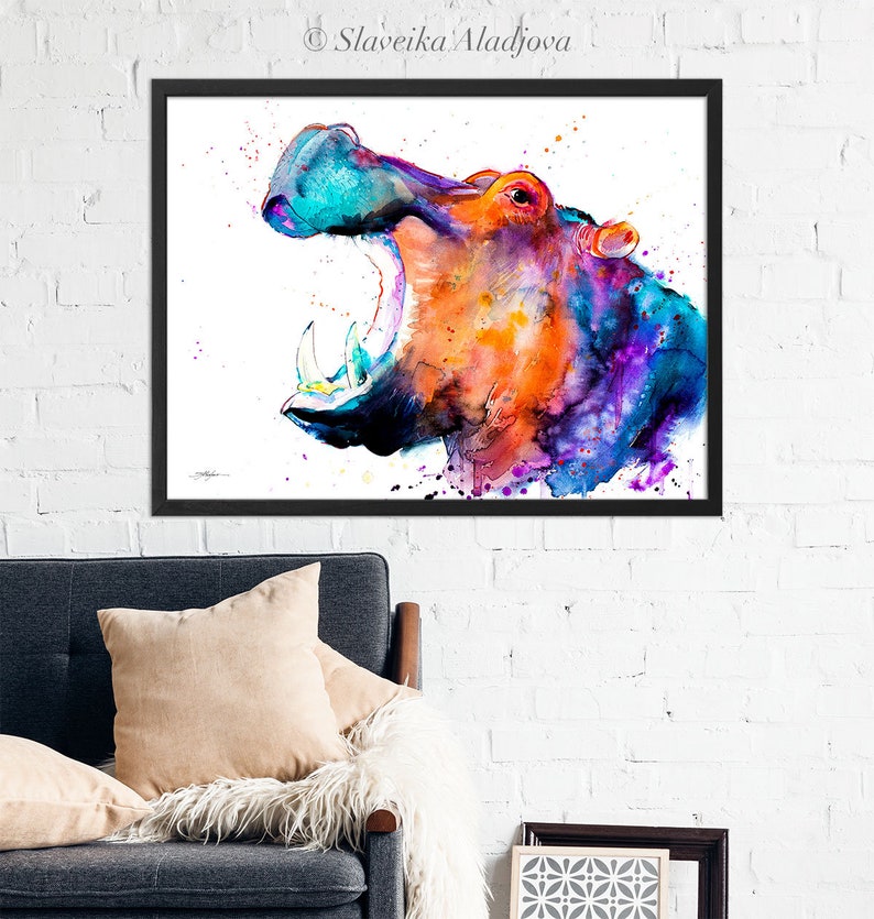 Hippo watercolor painting print by Slaveika Aladjova, art, animal, illustration, home decor, Nursery, African, Wildlife, wall art image 10