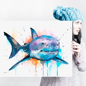 Großer weißer Hai Aquarellmalerei von Slaveika Aladjova, Kunst, Tier, Illustration, Meereskunst, Meereslebenskunst, Wohndekor, Wandkunst