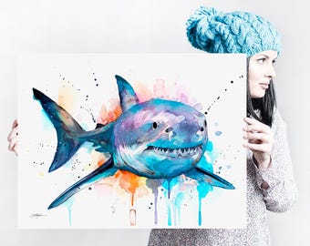 Great white shark watercolor painting print by Slaveika Aladjova, art, animal, illustration, Sea art, sea life art, home decor, Wall art
