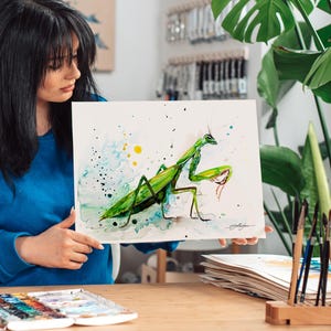 Mantis watercolor painting print by Slaveika Aladjova, art, animal, illustration, home decor, Nursery, gift, Wildlife, wall art