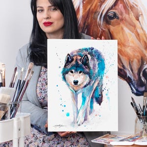 Wolf aquarel schilderij print door Slaveika Aladjova, kunst, dier, illustratie, interieur, kinderkamer, cadeau, dieren in het wild, kunst aan de muur, eigentijds