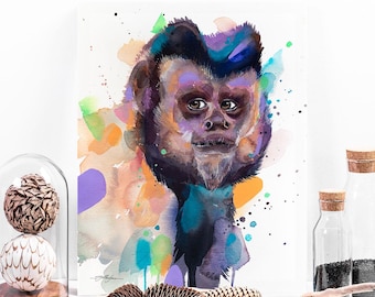 Tufted capuchin, Monkey watercolor painting print by Slaveika Aladjova, art, original painting, illustration, home decor, Nursery, Wildlife,