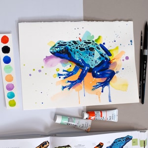 Blue poison dart frog watercolor painting print by Slaveika Aladjova, animal, illustration, home decor, Amphibia, portrait, wall art