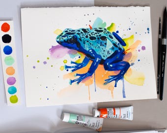 Blue poison dart frog watercolor painting print by Slaveika Aladjova, animal, illustration, home decor, Amphibia, portrait, wall art