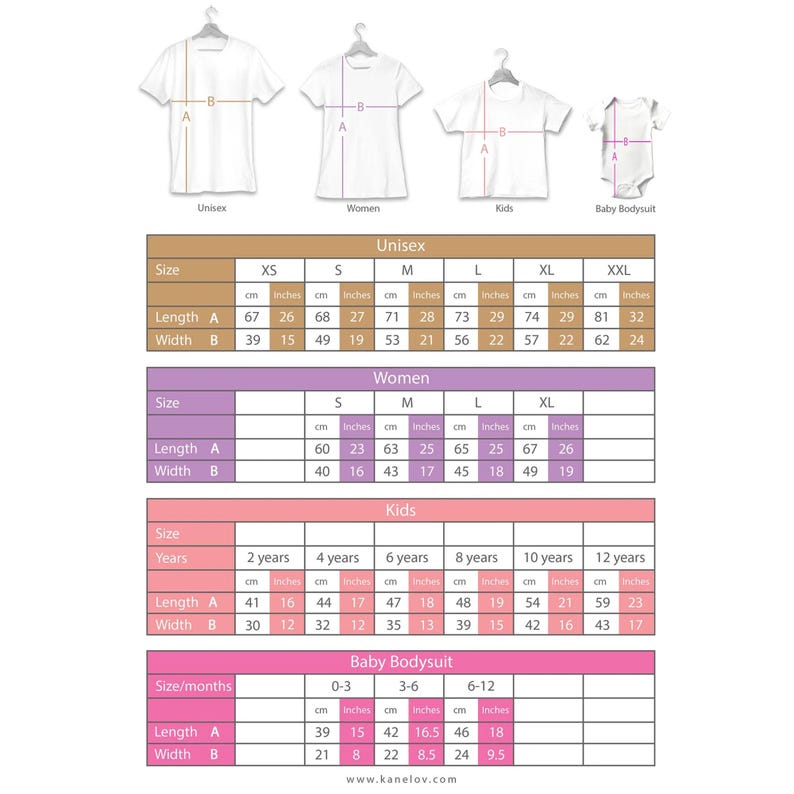 May include: Size chart for unisex, women's, kids', and baby bodysuit t-shirts. The chart shows measurements in inches and centimeters for different sizes. The chart includes the length and width of each size.