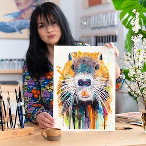 Nutria Limited Edition akvarellkonsttryck av Slaveika Aladjova, djur, illustration, heminredning, barnrum, djurliv, väggkonst, målning