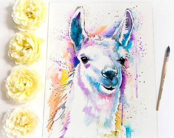 Llama watercolor painting print by Slaveika Aladjova, animal art, illustration, wall art, home decor, gift, Giclee Print, farm, portrait