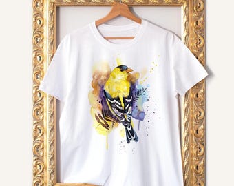 アメリカンゴールドフィンチTシャツ、ユニセックスTシャツ、リングスパンコットン100%、水彩プリント、Tシャツアート、Tシャツアニマル、XS、S、M、L、XL、XXL