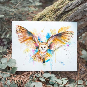 Barn owl in flight watercolor painting print by Slaveika Aladjova, art, animal, illustration, bird, home decor, wall art, gift, portrait,