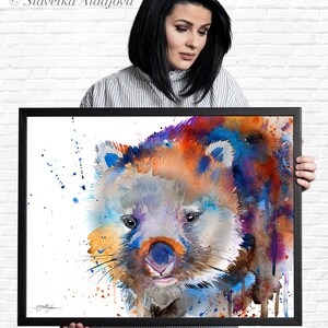 May include: Watercolor painting of a wombat with blue, orange, and purple splashes of color. The wombat is looking to the left of the image.