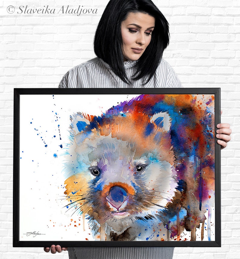 May include: Watercolor painting of a wombat with blue, orange, and purple splashes of color. The wombat is looking to the left of the image.