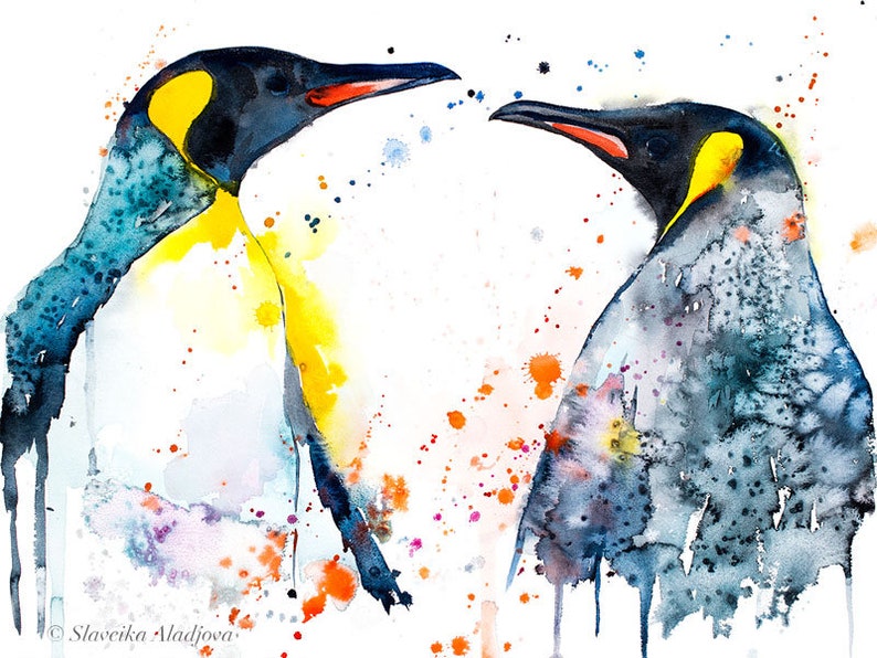 King Penguins Love Watercolor Painting Print by Slaveika | Etsy