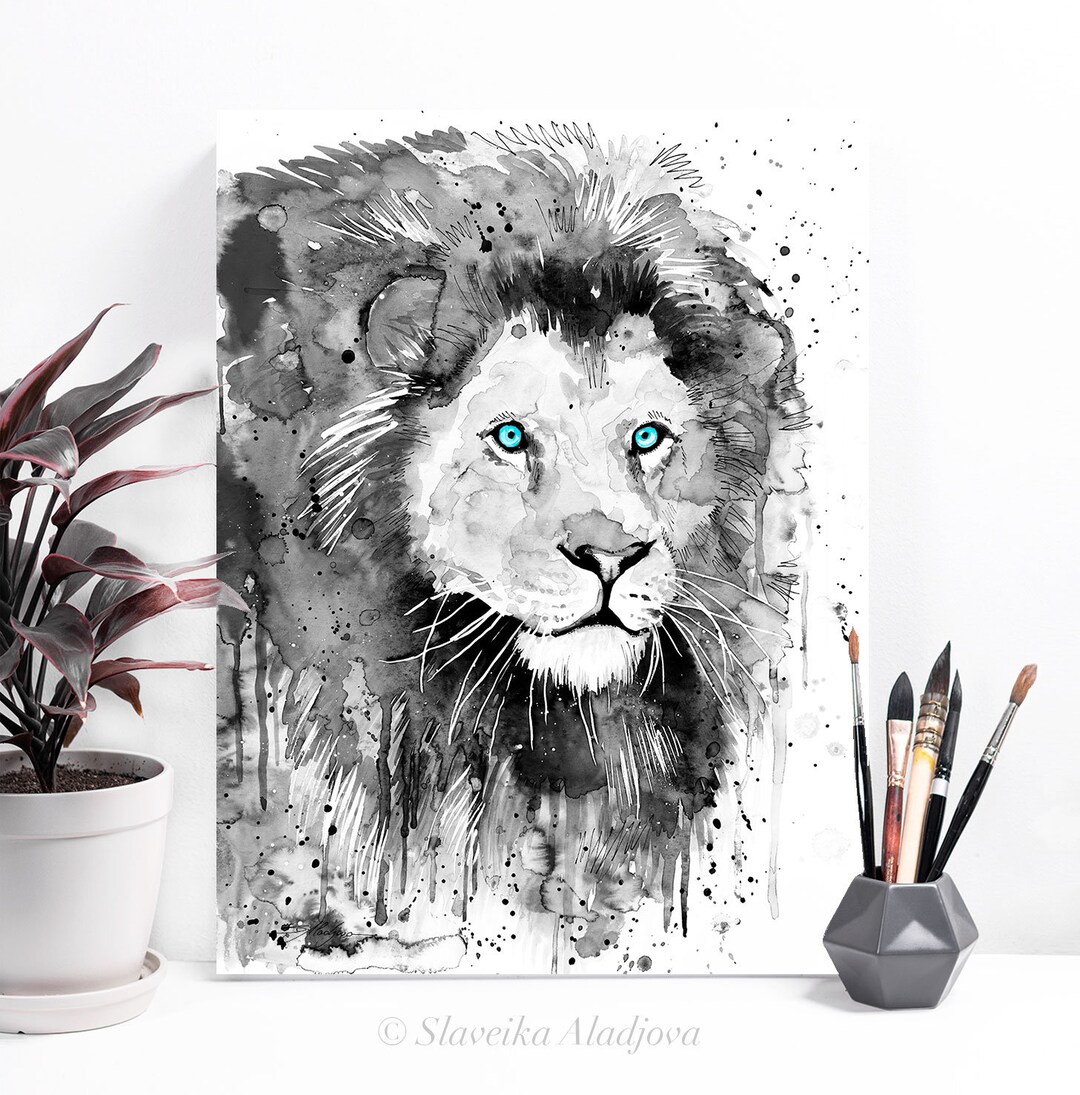 Black and White Lion Watercolor Painting Print by Slaveika Aladjova ...