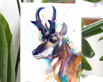 Pronghorn watercolor painting print by Slaveika Aladjova, art, extra large canvas, animal, illustration, home decor, Contemporary,