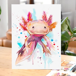 Axolotl watercolor painting print by Slaveika Aladjova, animal, illustration, home decor, wall art, gift, portrait, vertebrates
