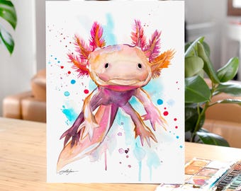 May include: Watercolour painting of a pink axolotl with blue and red splatter paint in the background.