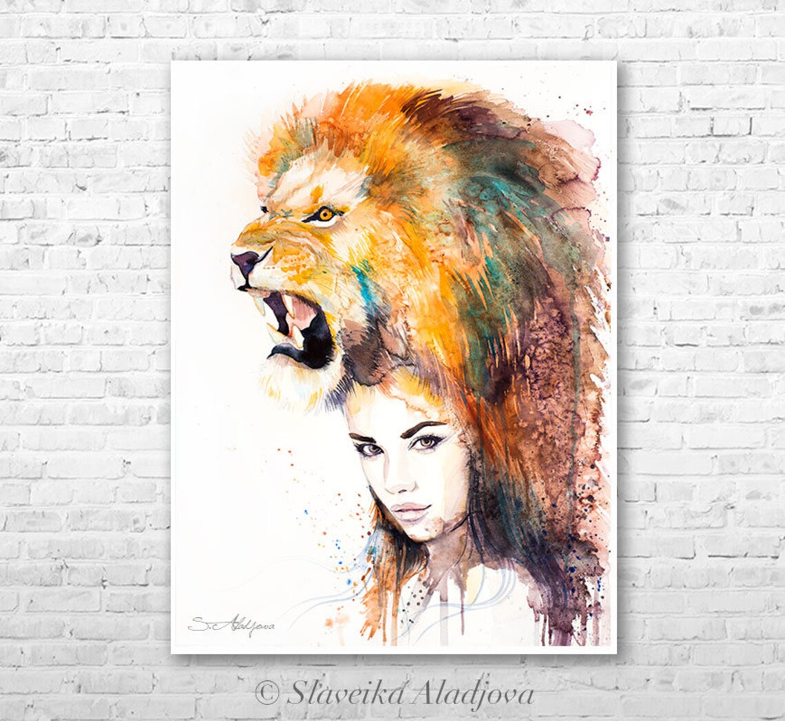 Lion Girl Watercolor Painting Print by Slaveika Aladjova - Etsy