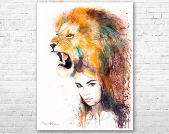 Lion Girl watercolor painting print by Slaveika Aladjova, Fashion Illustration, Woman art, Illustration, watercolour, wall art, home decor