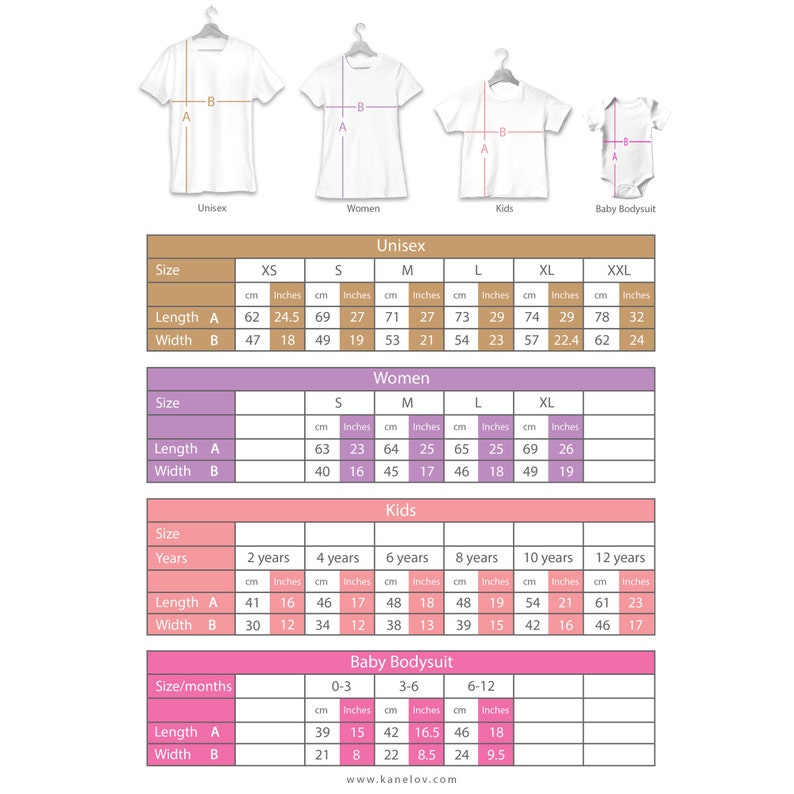 May include: Size chart for unisex, women's, kids', and baby bodysuit t-shirts. The chart shows measurements in inches and centimeters for different sizes. The chart includes length and width measurements.