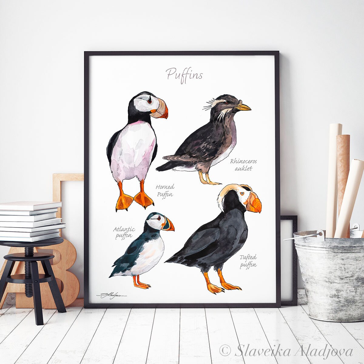 Puffin print coastal wall art nursery watercolor wildlife art print Wall Décor Prints