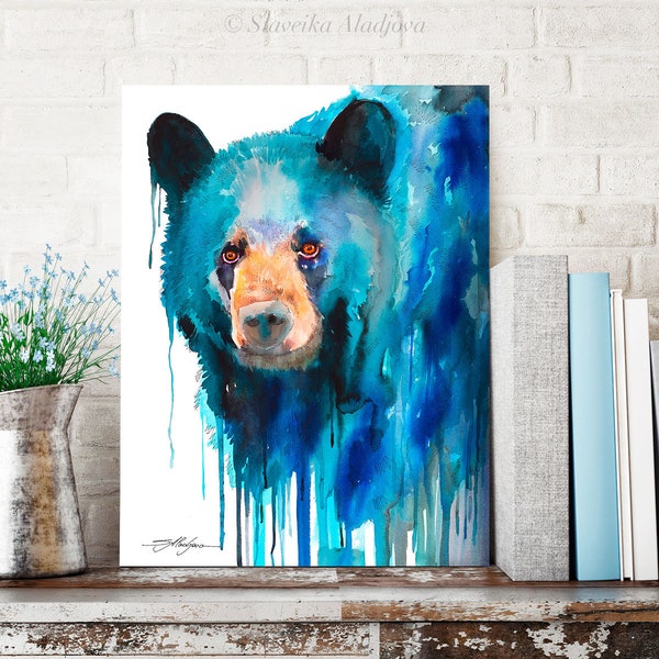 Blue American black bear watercolor painting print by Slaveika Aladjova, art, animal, illustration, home decor, Nursery, Wildlife, wall art