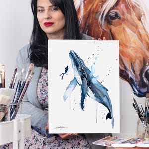 Freediver met bultrug aquarel print door Slaveika Aladjova, kunst, dier, illustratie, zeekunst, zeeleven kunst, interieur
