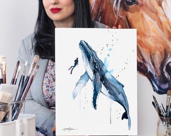 Freediver with Humpback Whale watercolor painting print by Slaveika Aladjova, art, animal, illustration, Sea art, sea life art,home decor