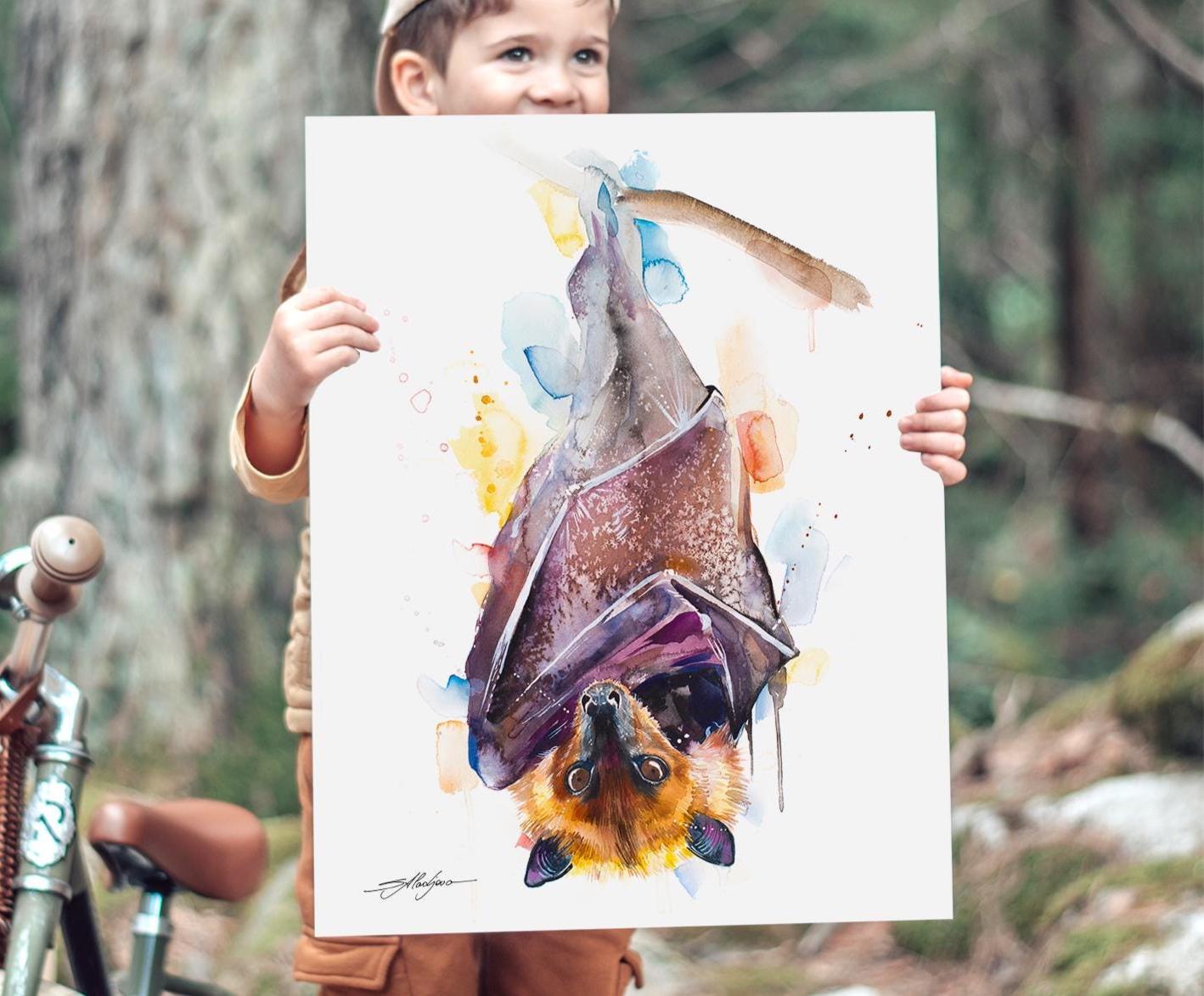 巨大な金冠オオコウモリ、金冠フルーツコウモリ限定版水彩画プリント
