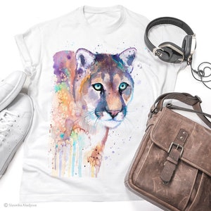 Cougar T-Shirt – Watercolor Wildlife Art Tee – Big Cat Illustration – Puma T-shirt, Nature-Inspired Clothing – Gift for Animal Lovers