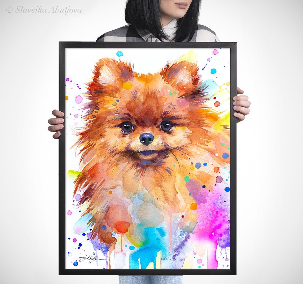 スラヴェイカ・アラジョヴァ作「ポメラニアン犬」限定版水彩画アート