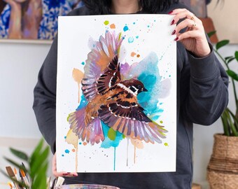 Sparrow Limited Edition Watercolor Art Print by Slaveika Aladjova, animal art, illustration, bird, home decor, wall art, portrait, gift