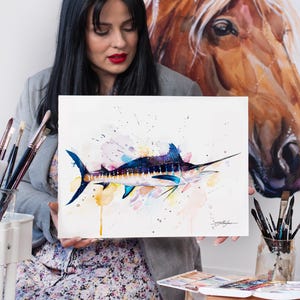Atlantic blue marlin watercolor painting print by Slaveika Aladjova, art, animal, illustration, Sea art, sea life art, home decor, Wall art