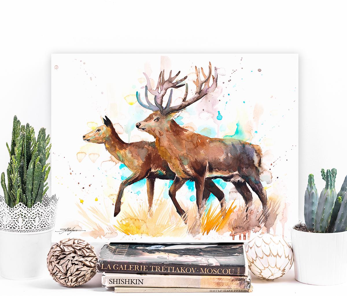 Deer Love Watercolor Painting Print by Slaveika Aladjova, Art, Animal ...